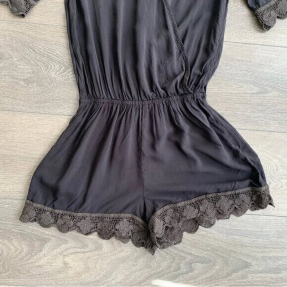 Free People Blue Life Boho Romper 3/4 Sleeve Surplice Neck Crochet Lace Black S - Picture 10 of 16